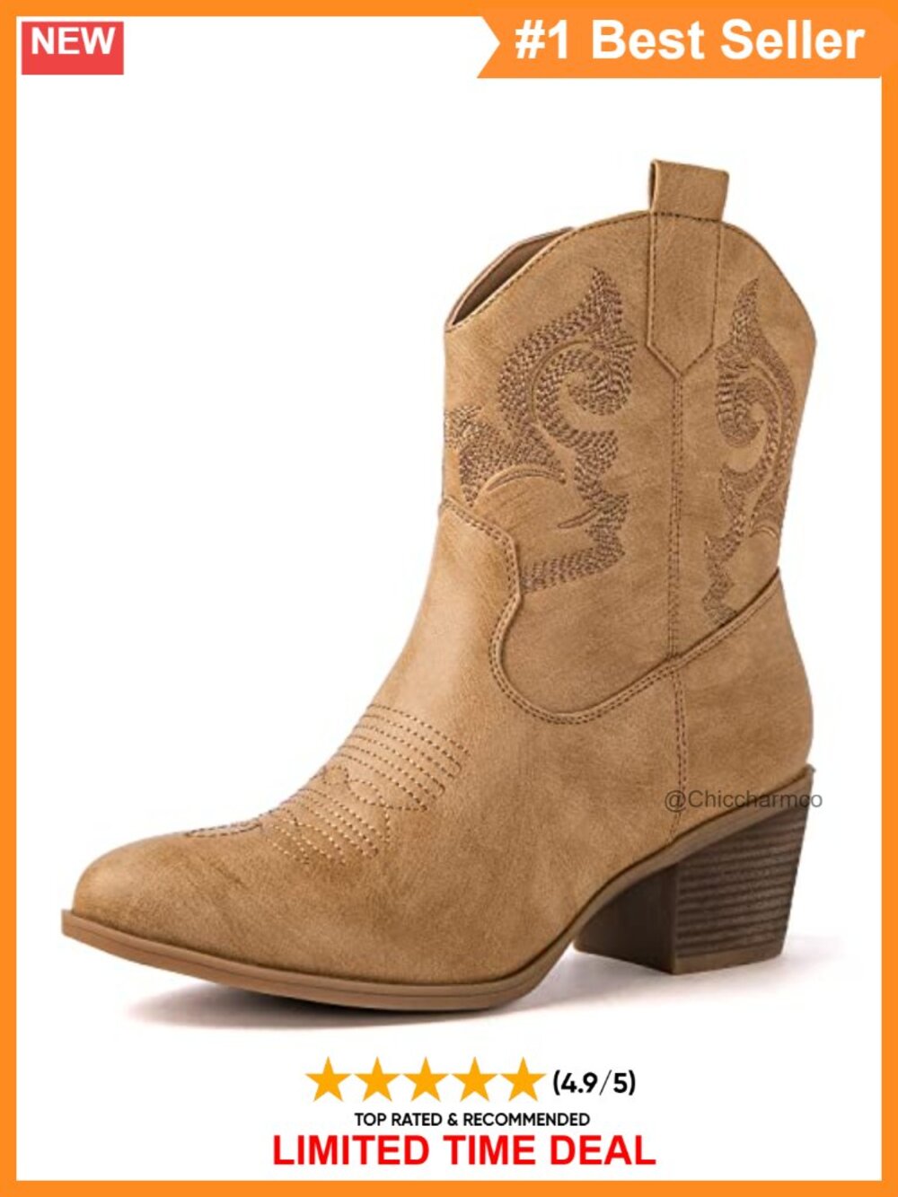 Faux Leather Western Ankle Boots Round Toe Block Heel Casual